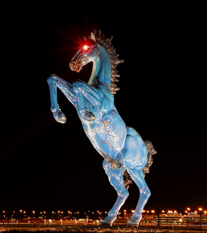 Blucifer, the 32 ft blue mustang located outside the Denver Airport, is a metaphor depicting the end of times in the New Testament.