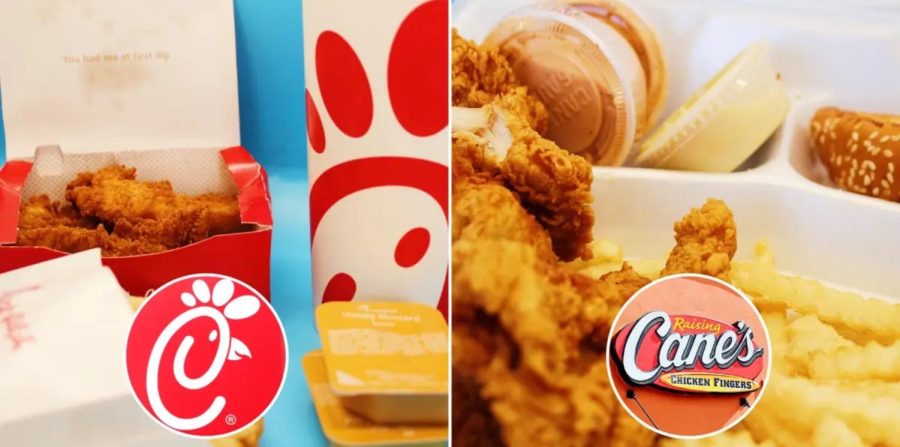 Chick-fil-A+nugget+meal+with+its+signature+sauce+%28left%29+and+Raising+Canes+Box+Combo+with+its+signature+sauce+%28right%29.