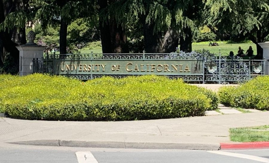 The entrance to Berkely has the University of California sign. Directly after passing the sign, the hilly campus begins.