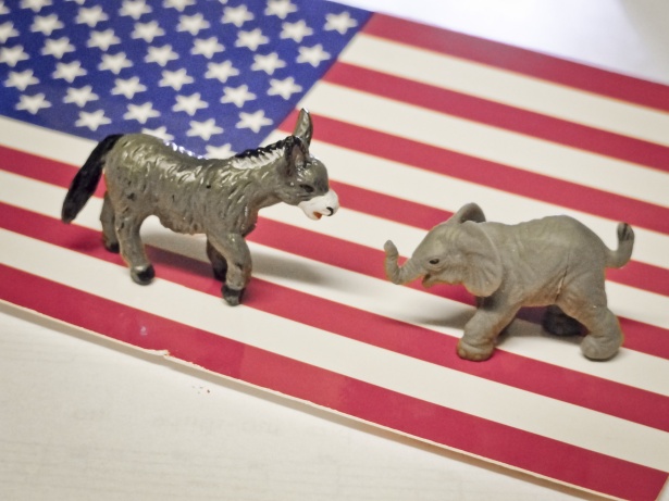 In US politics, the elephant represents the Republican party and the donkey represents the Democrat party.