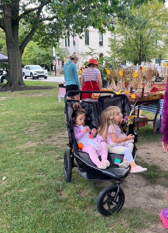 Two sisters patiently wait, occupied with flowers and toys, for their parents to return to the stroller. 