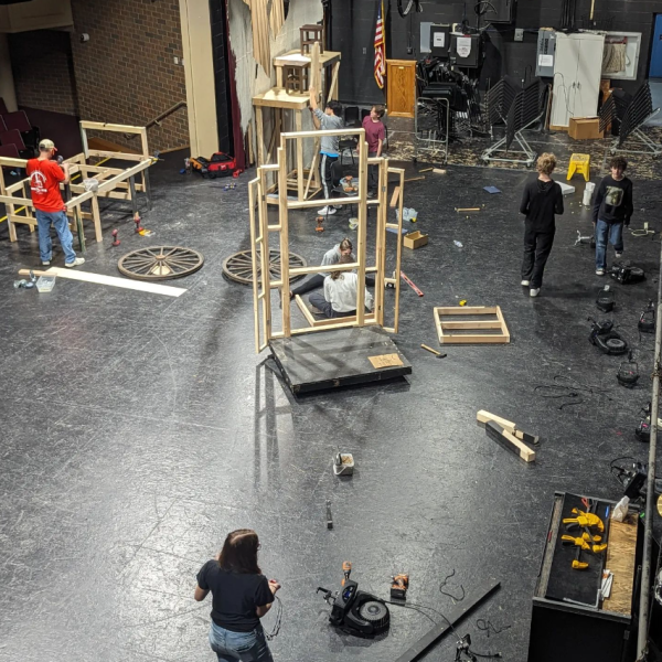 Multiple Drama Club students help design the stage for Hamlet during a Friday Work Call. These work calls take place nearly every Friday, and this is when students create the set, props and costumes.