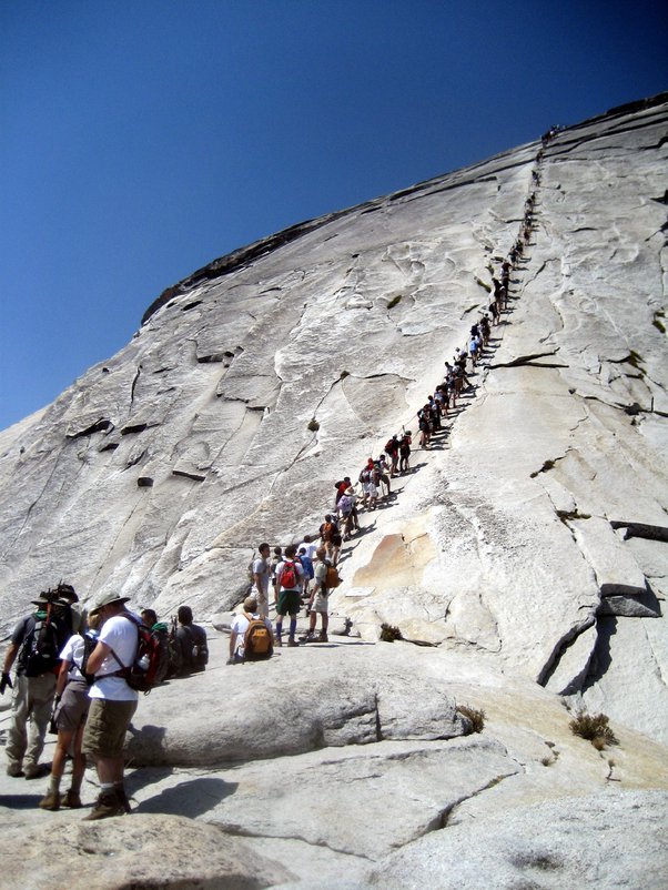 A swarm of visitors lined up to summit Half Dome in Yosemite National Park. 