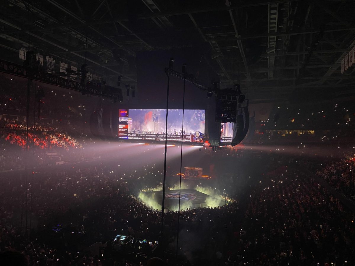 A view from Drake and J. Cole’s concert at Rocket Mortgage Field House in Cleveland. The 360 stage used for the concert featured different designs and many props were used for the performance. Used with permission/Kai Kurokawa.