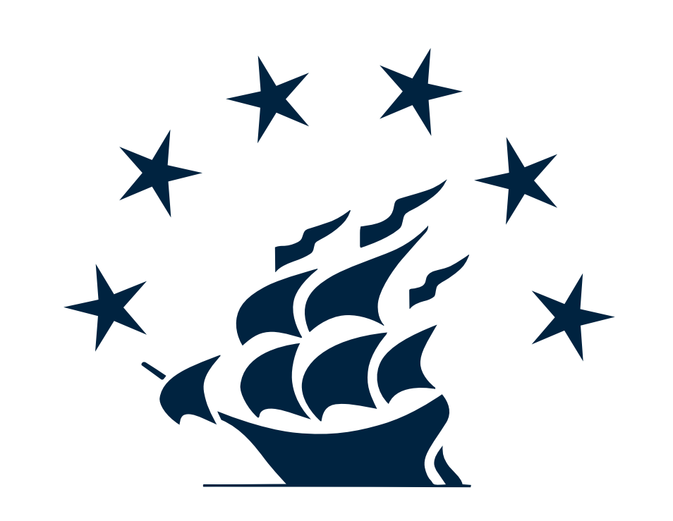 The ship logo we are all familiar with includes the six stars above and the water indicating the ship heading west. 