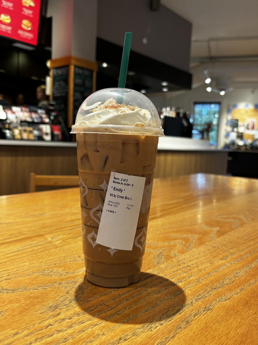 An Iced Caramel Brulee Latte with whipped cream is $6.70. This costly drink could easily be made at home, and in the long run cheaper since one can make as many as they want.