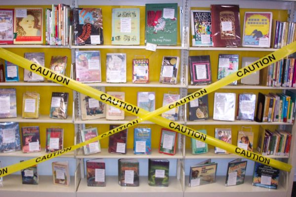 A display of challenged or banned books in the Youth Services department. The reasonings vary per book as to why they are being challenged, and these reasonings are attached to the front of the book.