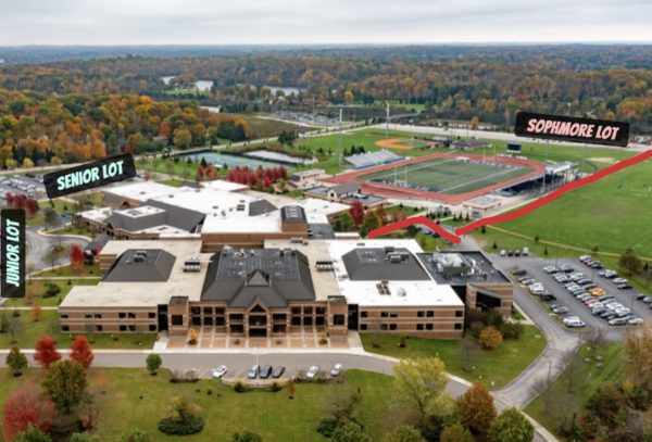 This photo displays the the distance from the sophomore lot to Hudson High School compared to both the senior and junior lots at a ‘birds eye’ perspective.