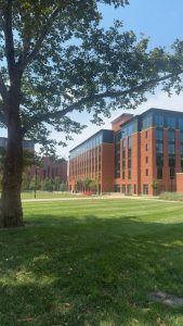 This picture shows the view near a college residential hall. In particular, the Nosker House. The Greenery and surrounding area is filled with students and school spirit when school comes in session.